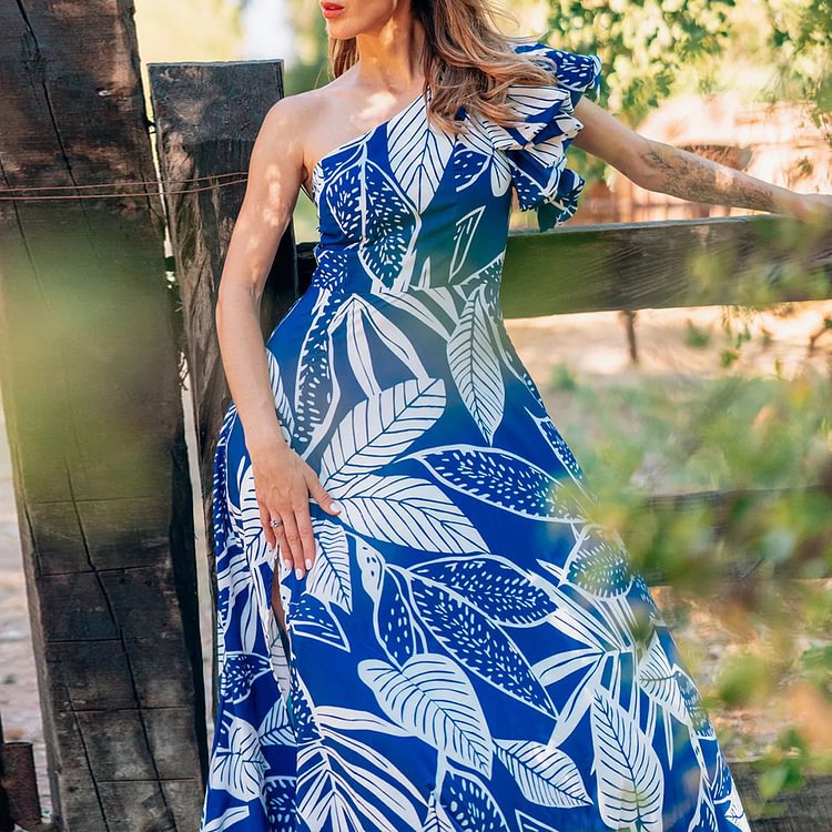 One Shoulder Bubble Sleeve Printed One Piece Swimsuit Women Bella Mia